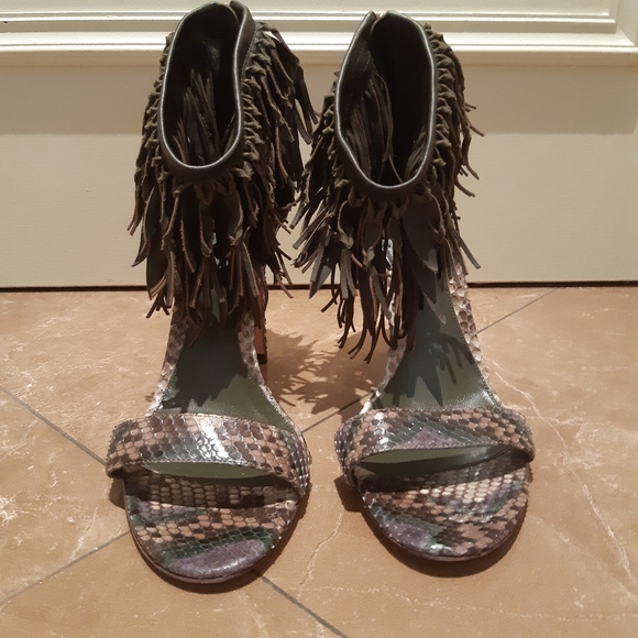Sergio Rossi snakeskin strappy sexy high heel sandals with leather fringe 9.5 - Picture 7 of 12